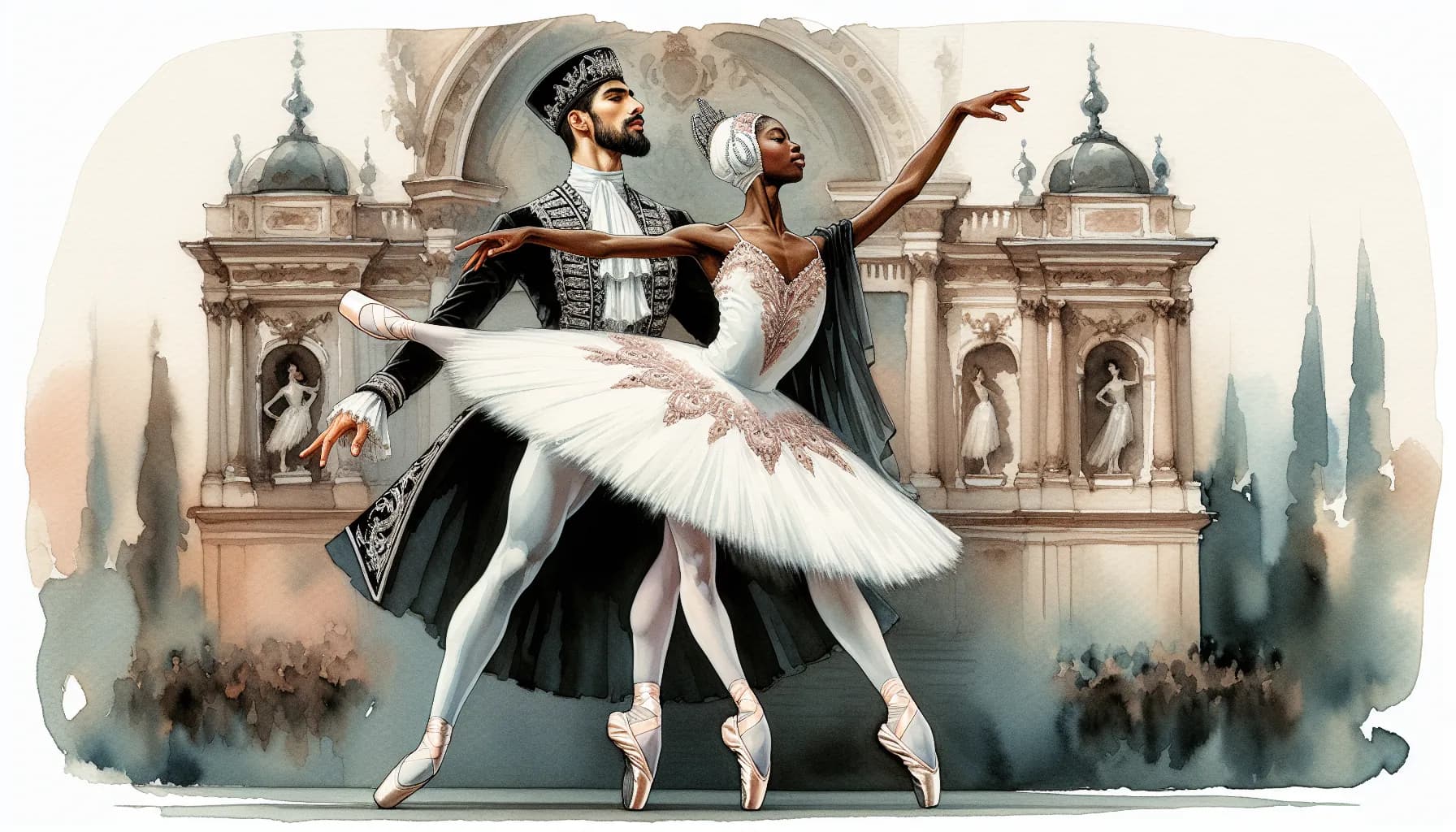 A fantastical dance in historical grandeur: a ballerina and a bearded man in period attire perform an elegant pas de deux against a backdrop of regal architecture and misty spires.