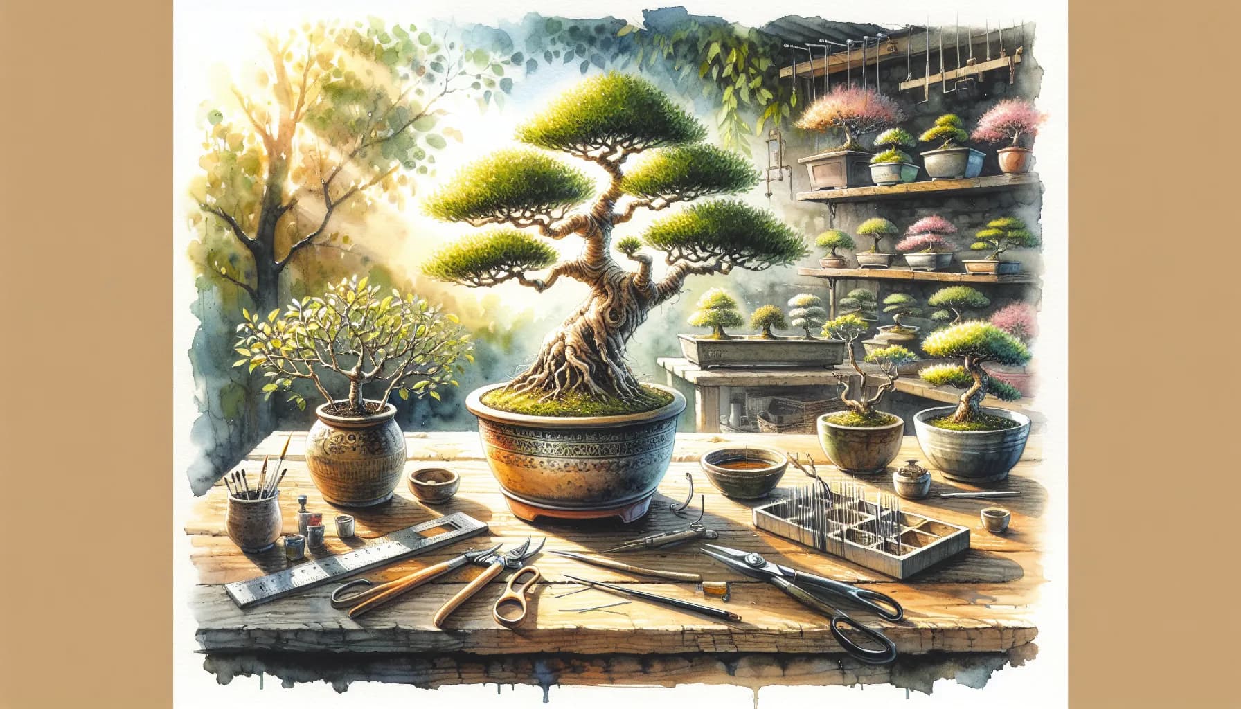A serene afternoon at the bonsai gardener's workshop, where time stands still amidst nature's miniature masterpieces.