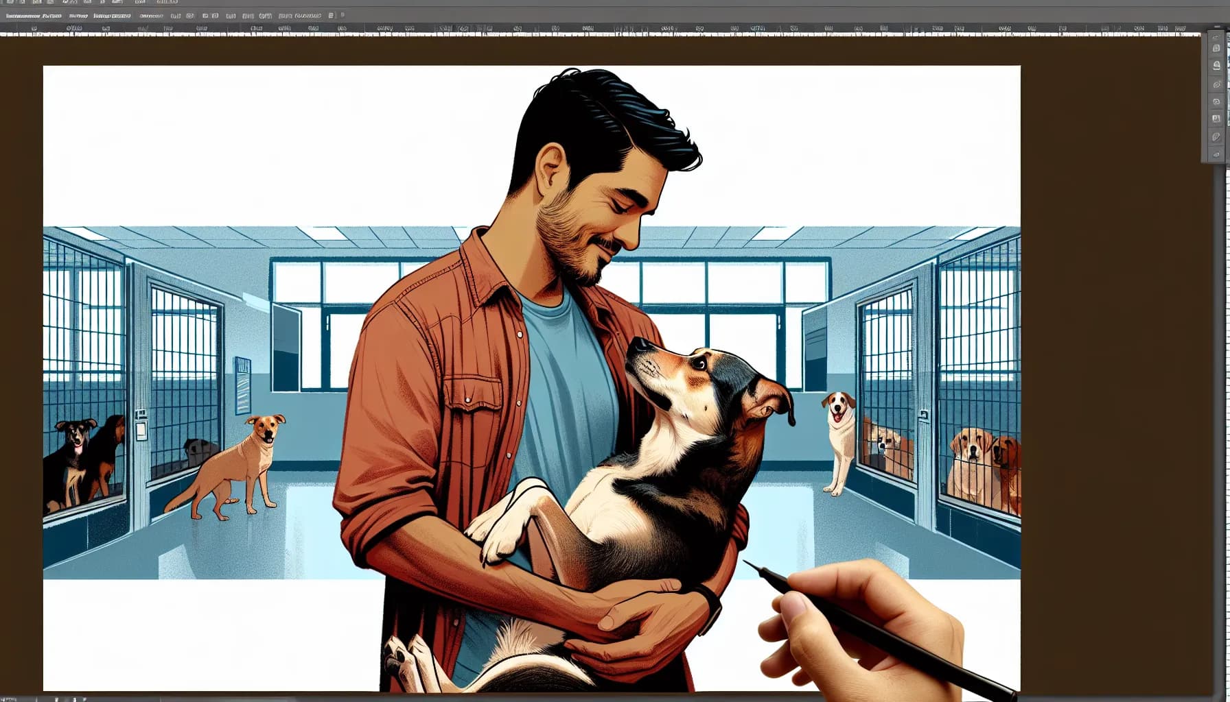 Man adopting a dog at an animal shelter, sharing a joyous moment as they get to know each other