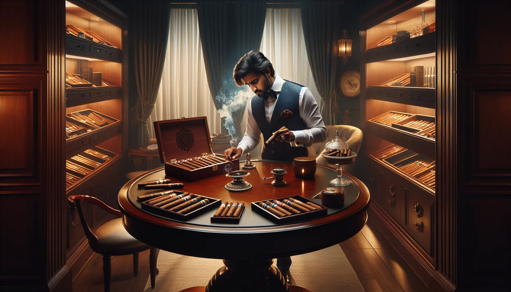 A meticulous craftsman in a vintage workshop delicately assembles a model ship, surrounded by the warm glow of desk lamps and wooden drawers filled with tools and materials.