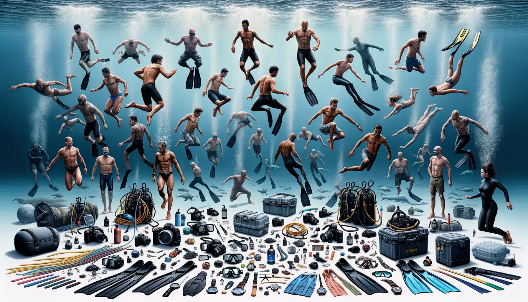 Divers and swimmers emerge from an underwater explosion of camera equipment, symbolizing the chaotic beauty of oceanic photography