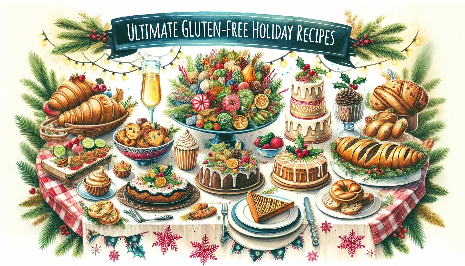 A sumptuous display of various gluten-free holiday treats, from pies and cookies to cakes and pastries, all beautifully arranged under a banner titled "Ultimate Gluten-Free Holiday Recipes"