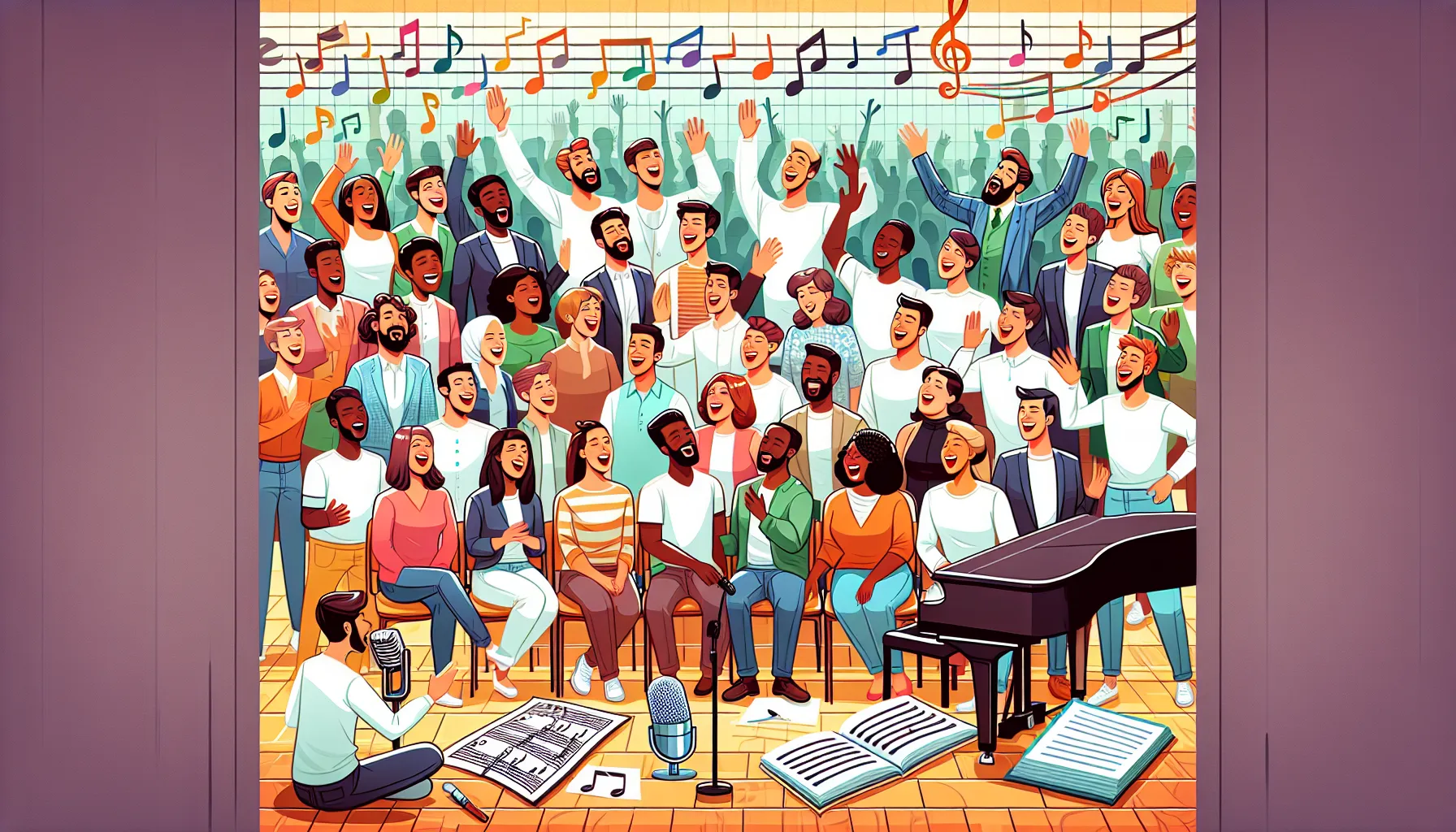 A vibrant community choir passionately performs in a joyous concert, surrounded by a plethora of musical instruments and enveloped in colorful musical notes.