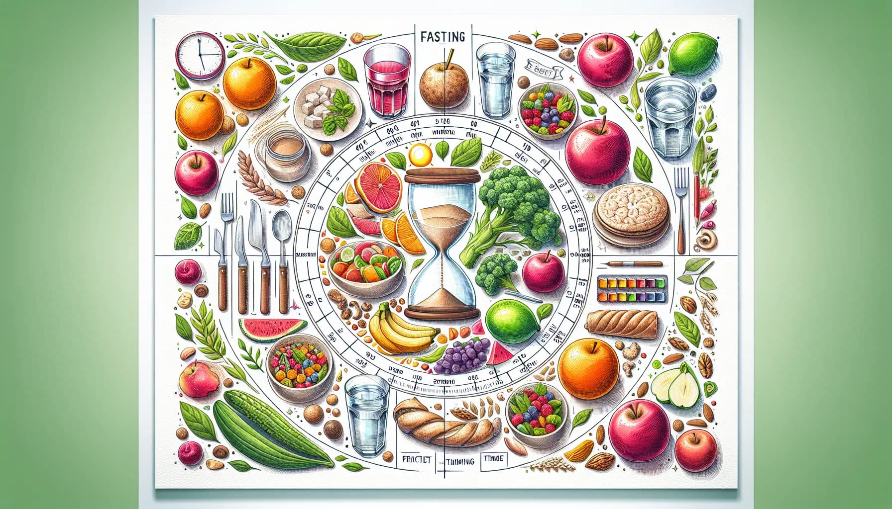 A vibrant illustration of a healthy eating plate with a variety of fruits, vegetables, proteins, and grains organized in a circular pattern around a central hourglass, symbolizing the importance of timely and balanced nutrition.