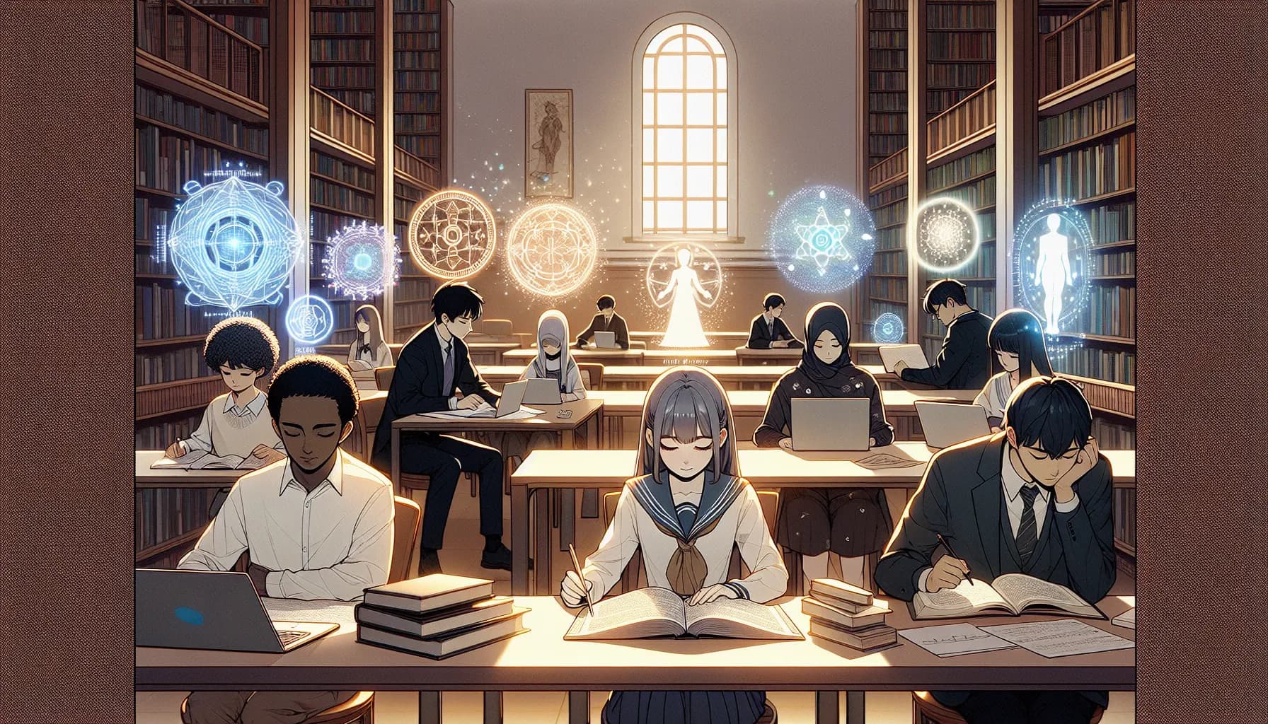 Students of magic engrossed in ancient texts and modern technology under the ambient glow of floating spell circles in a mystic library
