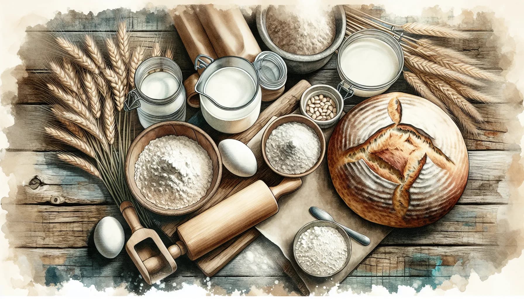 Artisan bread making ingredients and tools beautifully laid out on a rustic wooden table