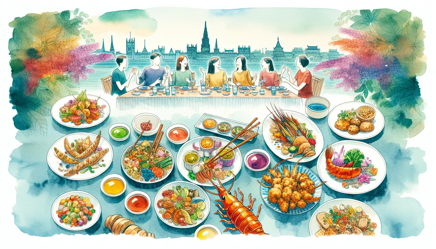 A vibrant feast under the city skyline, where flavors and cultures blend on a shared table