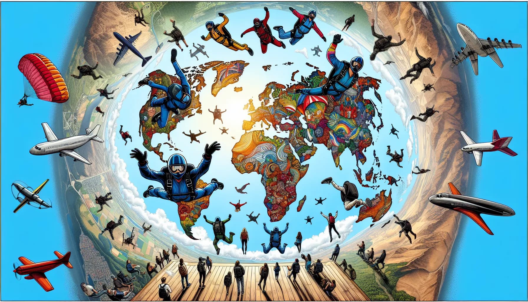 Skydivers in colorful suits joyously free falling around a globe with airplanes flying by in a vibrant blue sky.
