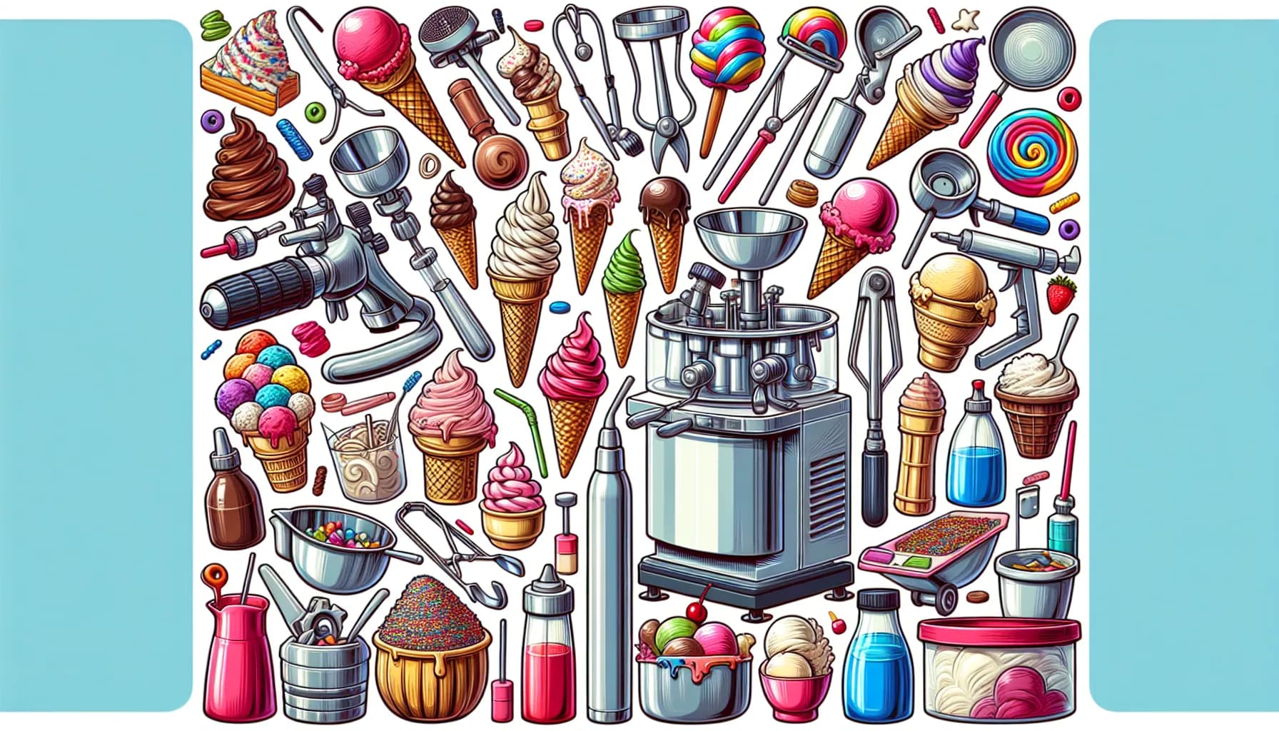 A delightful assortment of ice cream and related accessories, showcasing a variety of cones, scoops, and flavors, with tools for making the perfect ice cream treat.