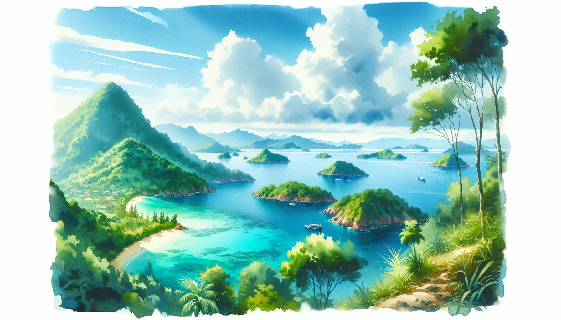 Serene tropical paradise with lush green mountains overlooking a crystal-clear lagoon