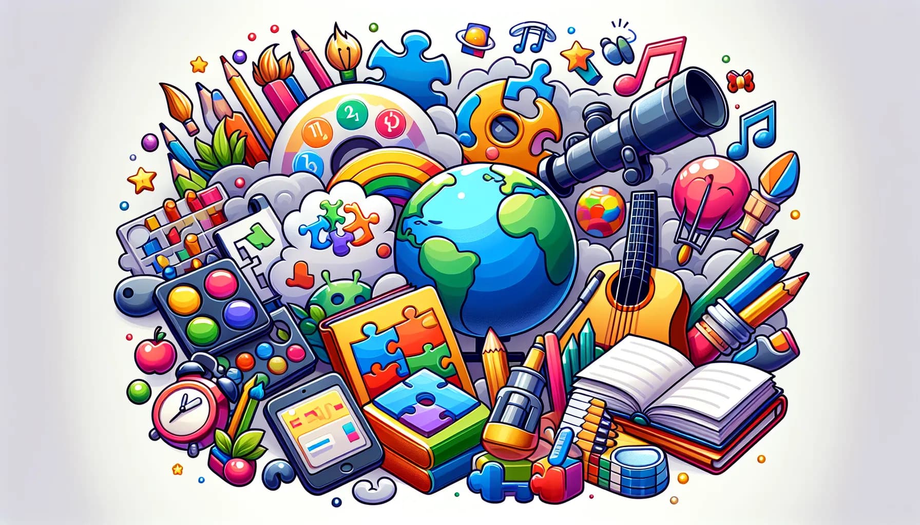 Colorful explosion of creativity and learning showcasing a vibrant world surrounded by books, art supplies, technology, and educational icons