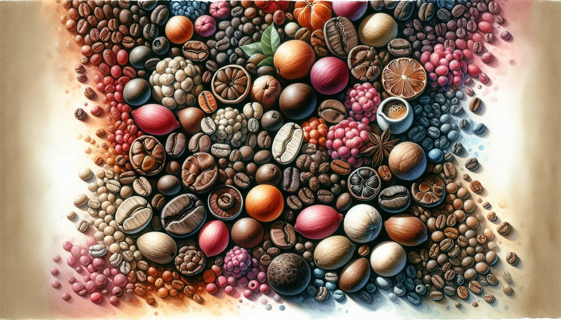 A vibrant mosaic of coffee beans and berries, celebrating the rich diversity of nature's bounty