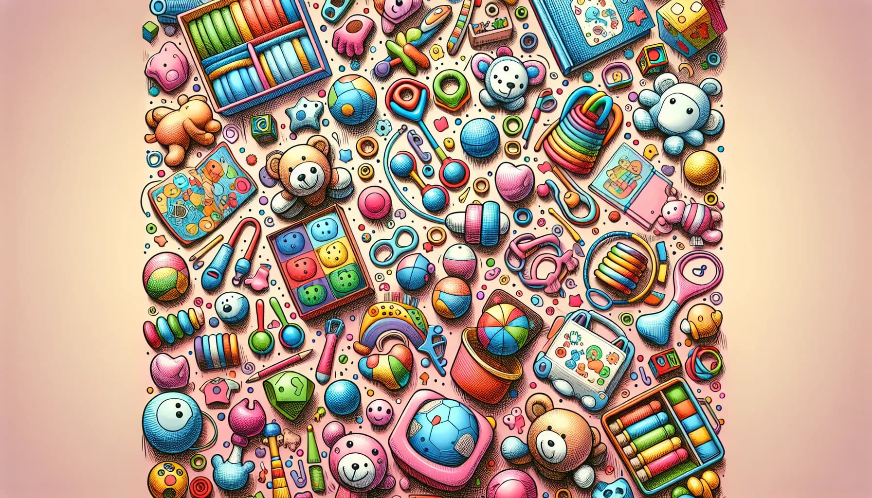 A colorful assortment of children's toys and books, creatively arranged to celebrate play and learning