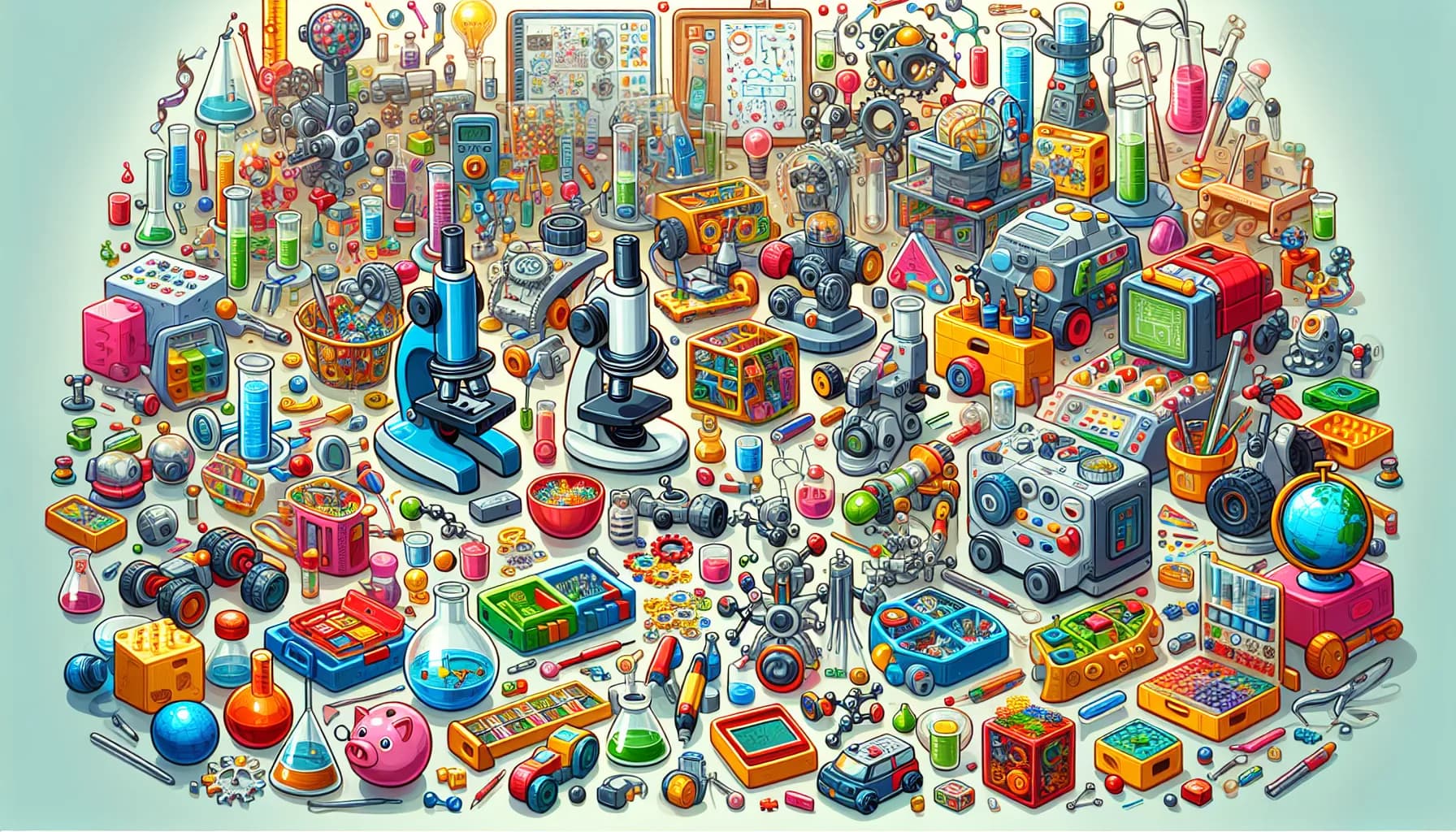 An expansive collection of eclectic gadgets and colorful toys fills a cluttered inventor's workshop, buzzing with creativity and chaotic charm.