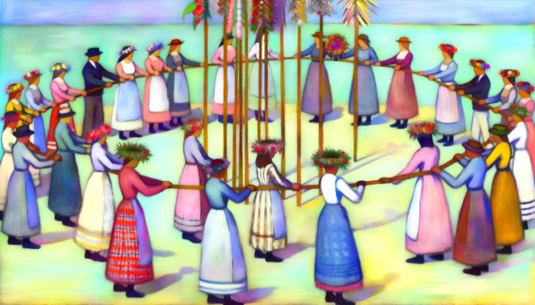Colorful painting of people participating in a traditional Maypole dance.