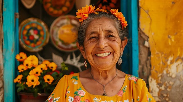 Elderly woman with marigold flowers in her hair smiling joyfully in a colorful setting.