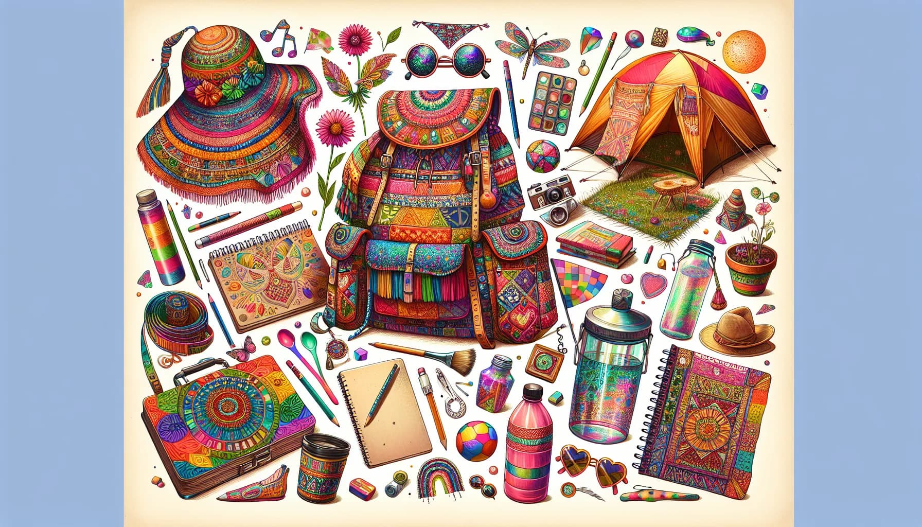 Colorful assortment of bohemian travel essentials, from vibrant textiles and accessories to camping gear