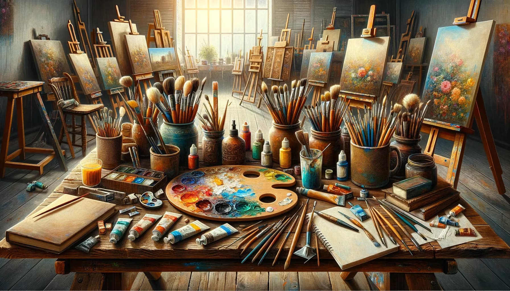 Inside the artist's sanctuary: a treasure trove of brushes, colors, and creativity illuminated by the gentle light of a peaceful studio