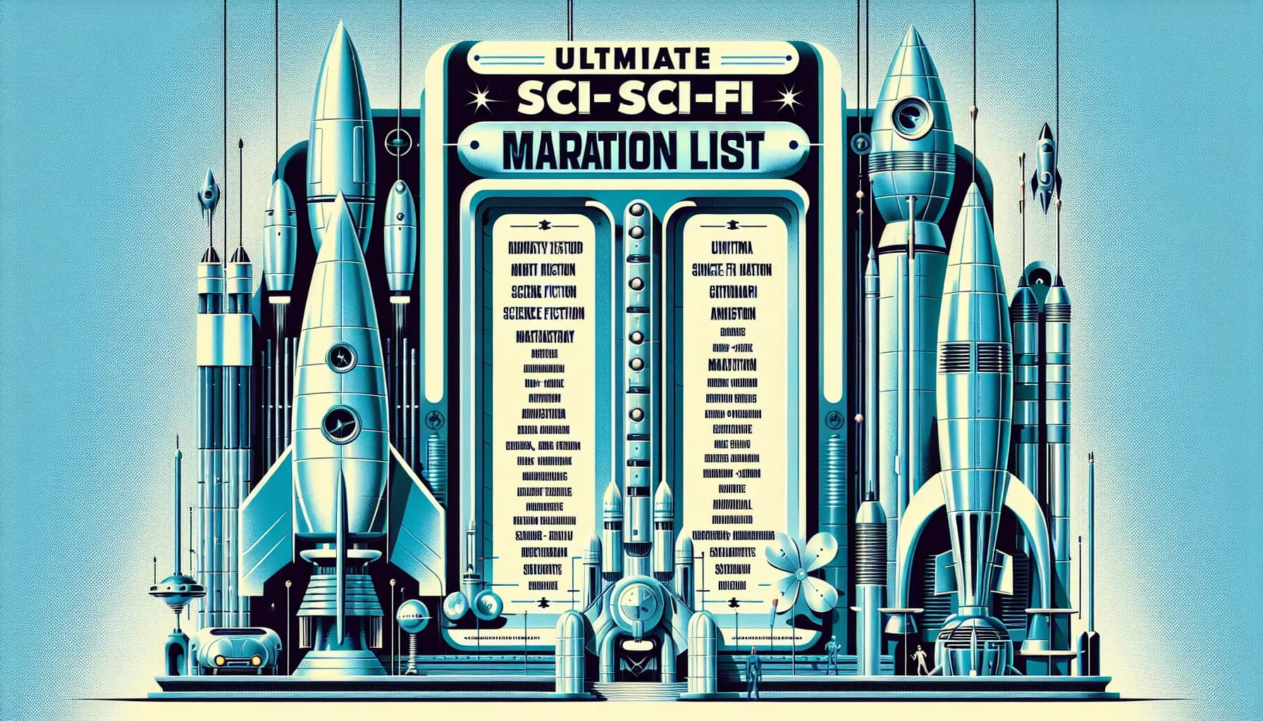 Ultimate Sci-Fi Marathon List featuring a lineup of rockets as a cinema marquee