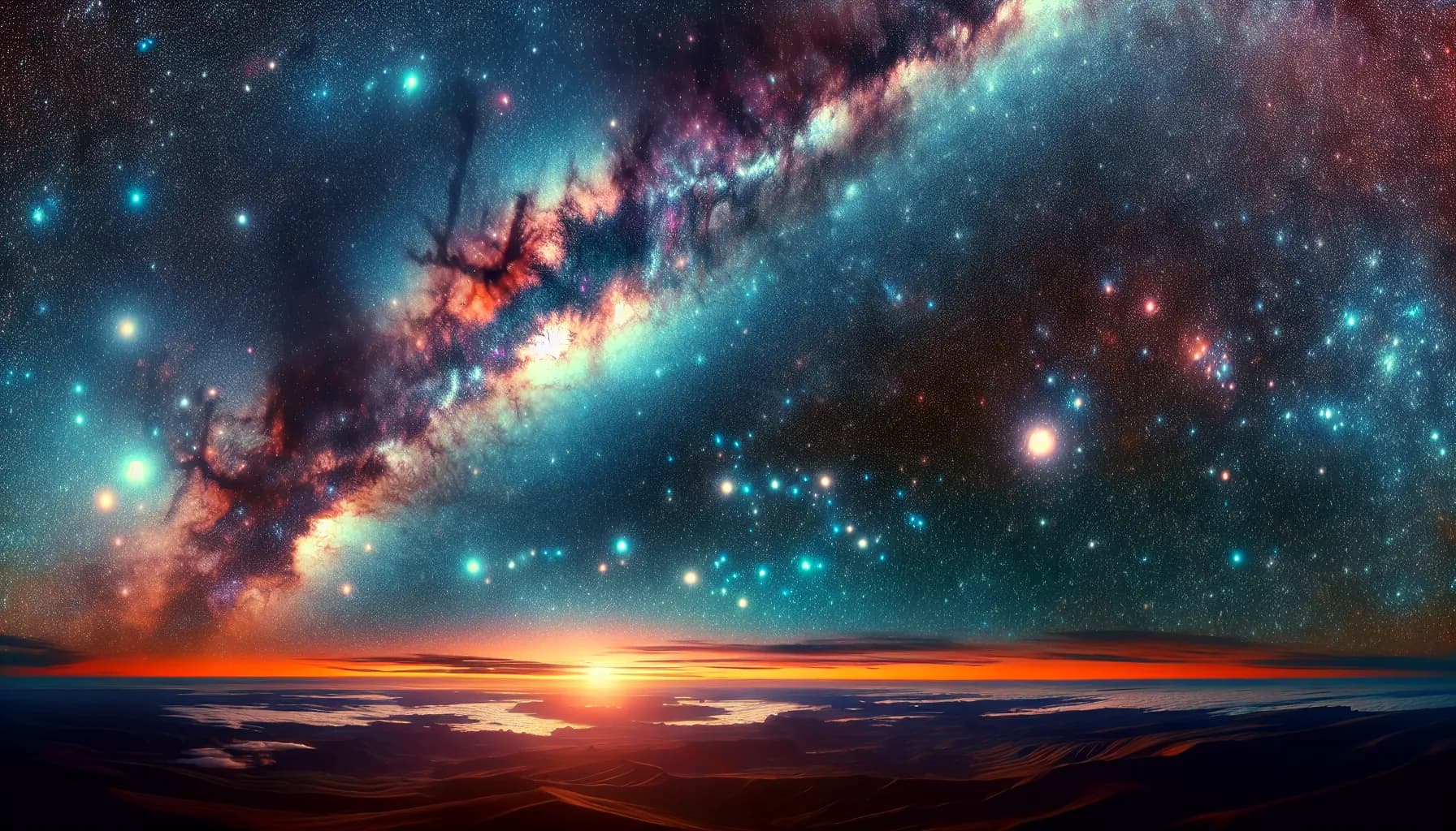 A breathtaking cosmic sunset where galaxies embrace a serene earthly horizon, capturing the stunning intersection of the universe above and the peaceful solitude below.