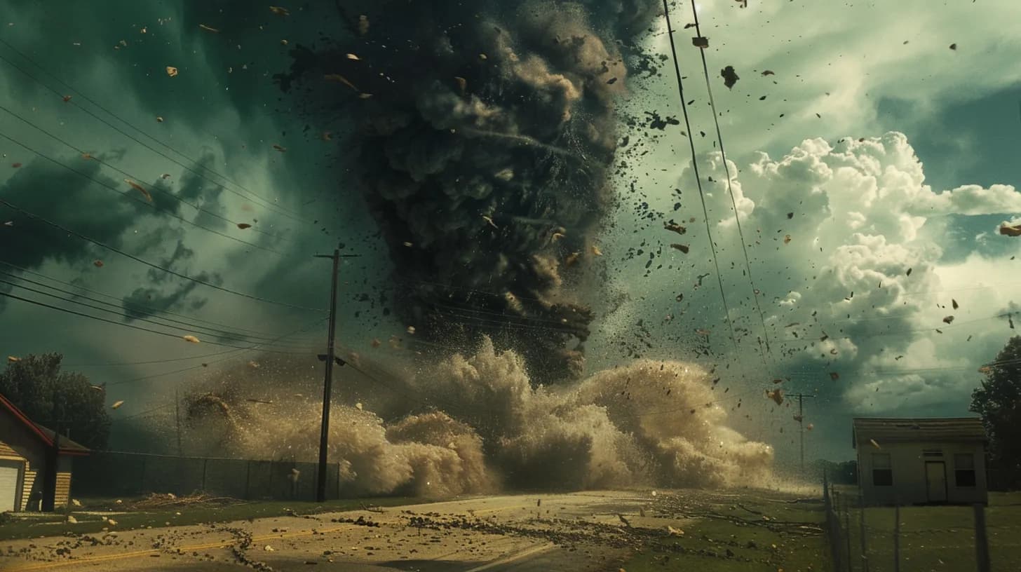 Apocalyptic tornado wrecking a small town, debris swirling over houses and roads under a stormy sky.
