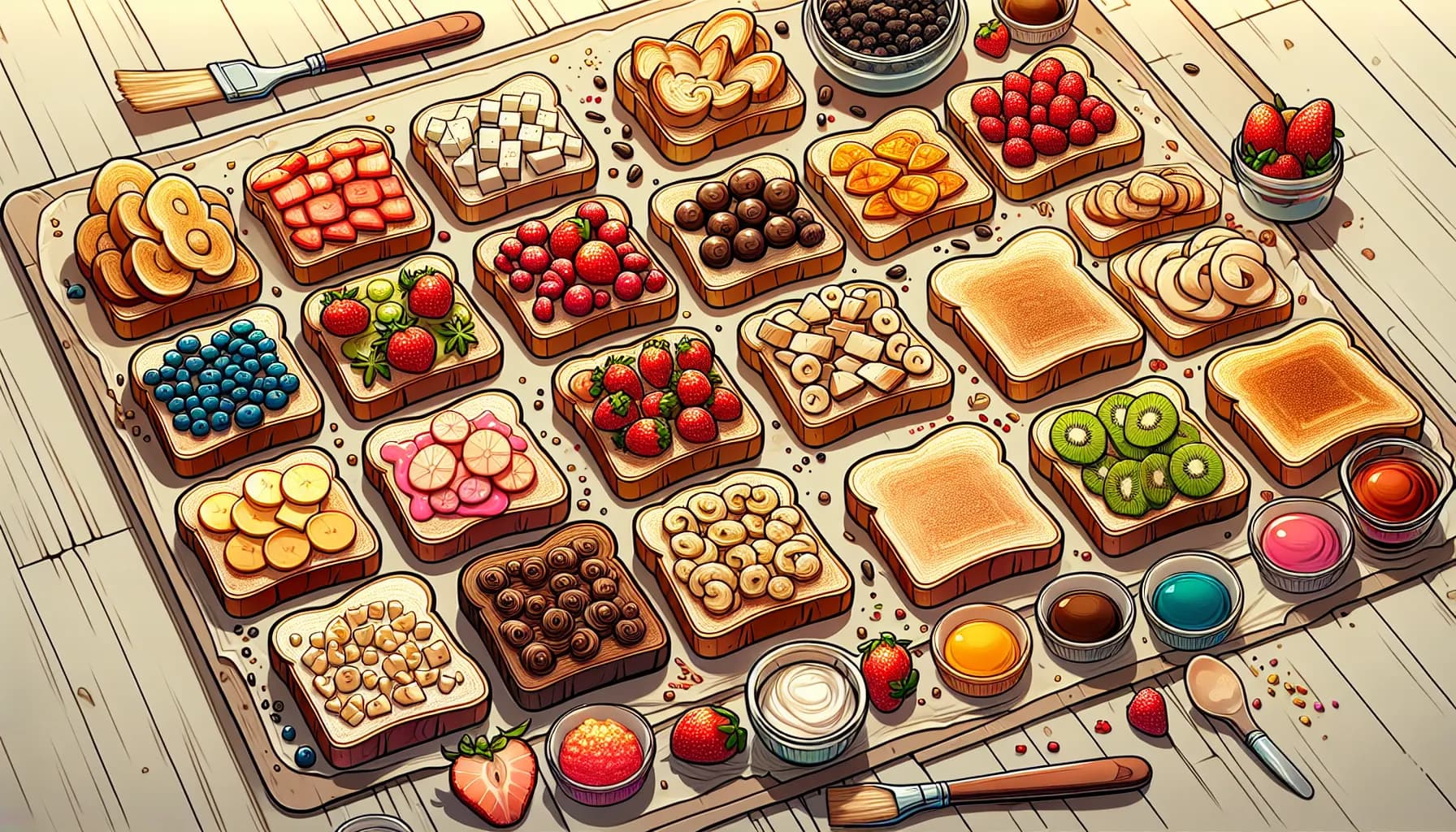 A delicious array of fruit-topped toasts ready for a colorful brunch