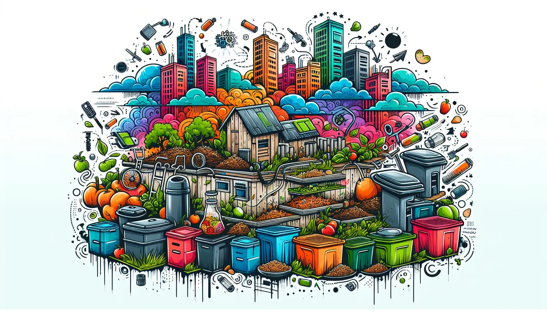 Urban meets nature: a colorful fusion of city life and vibrant landscapes in a whimsical artistic expression