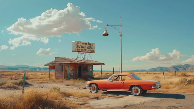 An abandoned gas station, a classic car, and a clear day with scattered clouds.