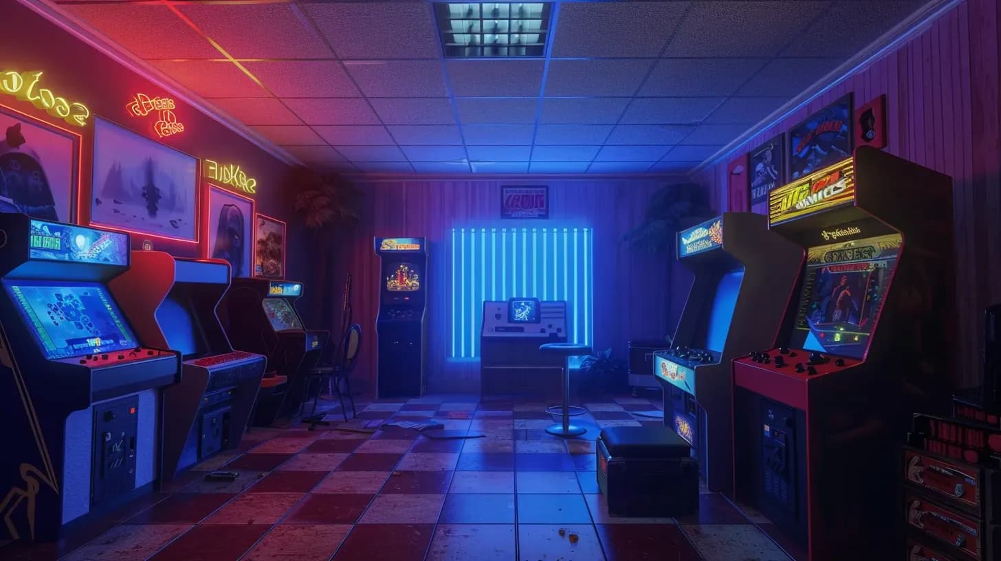 A retro-styled room with an arcade cabinet, old TV, armchair, plant, and various wall decorations.
