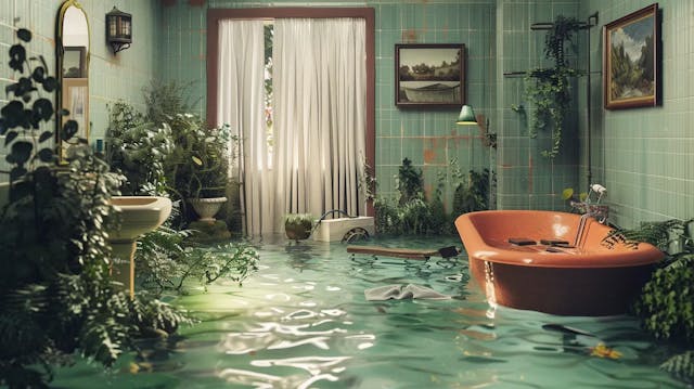 A flooded bathroom with lush greenery and a floating bookrack.