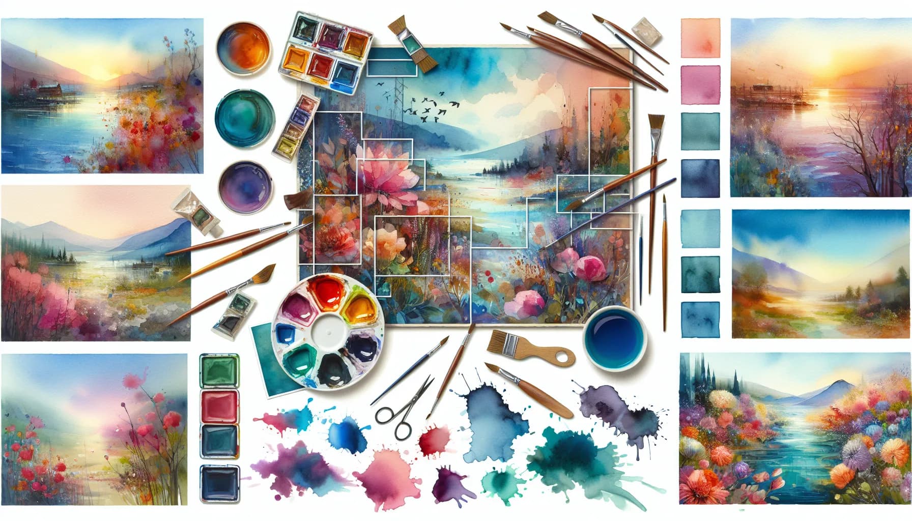 A vibrant collage showcasing the magic of watercolor artistry, featuring assorted painting tools and serene landscape artworks.