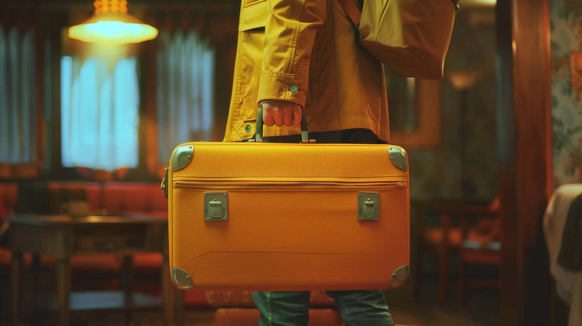 Vintage travel-themed decor with suitcases, a hat, backpack, and clocks on a blue wall.