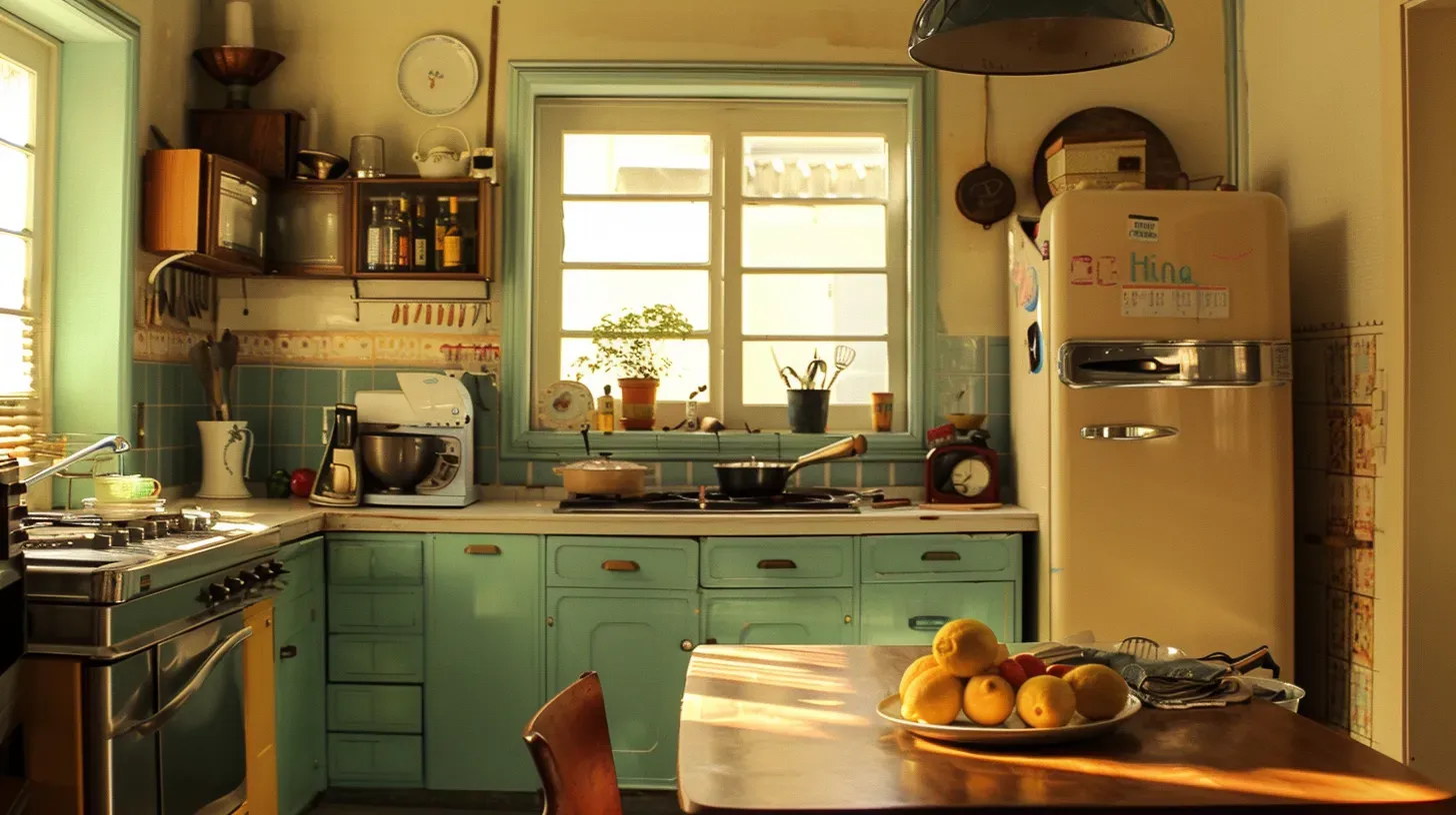 Retro style diner interior with bar stools, tables, and a counter.