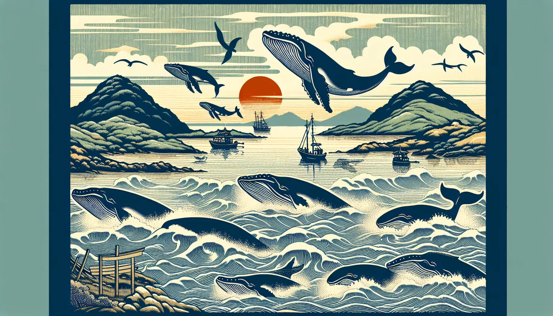 A symphony of sea life with whales and seabirds frolicking around a setting sun, as ships sail calmly in the distance