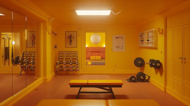 A colorful, vintage-style home gym with exercise equipment, large windows, and decorative elements.
