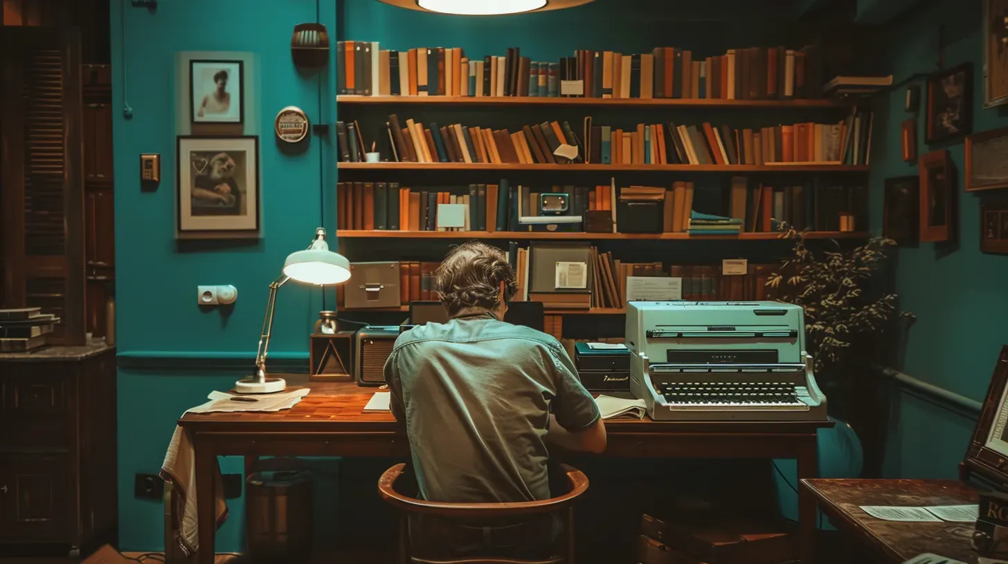Vintage-style office with typewriter, desk, chair, laptop, camera, radio, and indoor plants.