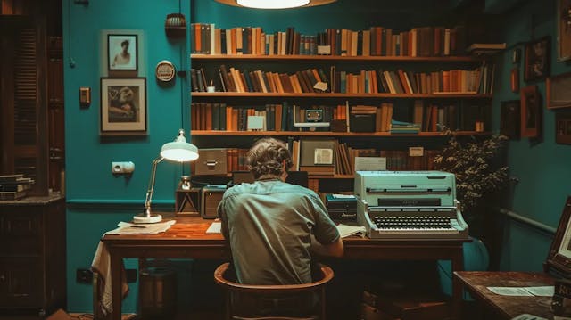 Vintage-style office with typewriter, desk, chair, laptop, camera, radio, and indoor plants.